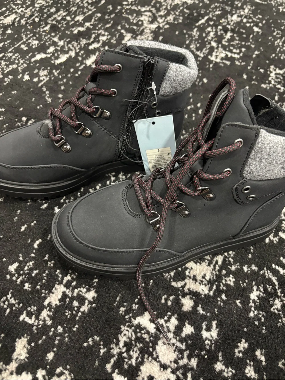 Boys Black Lace-Up Ankle Boots with Gray Collar